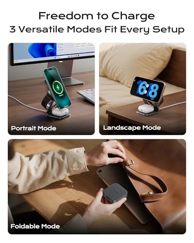 Image of KU XIU Qi2.2 25W Magnetic Wireless Charger, Foldable 3 in 1 Travel Charging Station for iPhone 17 /16 /15 /14 /13 /12, 5W for Apple Watch & AirPods, Aluminum Alloy Design, 45W GaN Adapter Included, Gray