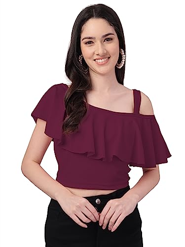 Image of Mehrang Women's Casual Solid Flared Crop Top Round Neck Stretchable Blend for Women /Top for Girls