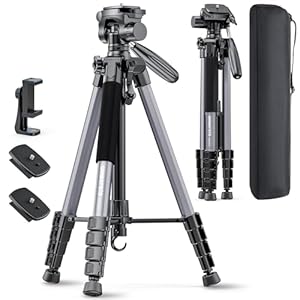 74″-Camera-Tripod, Gray Professional Aluminum Tripod Stand for Mirrorless Camera/DSLR/Cell Phone/Camcorder/GoPro, with Phone Holder and Travel Bag (Gunmetal Gray)