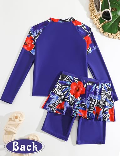 Image of Girls Rash Guard 2 Pieces Bathing Suit Long Sleeve Swimsuit Swimming Skirt with Shorts Sun Protection Swimwear