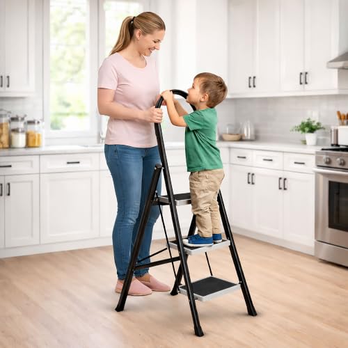 Image of TEKCOOL 3 Step Ladder for Home Use with Built-in Tool Tray | Heavy Duty D Shape Rods | 20 x 30 cm Large Platform | Wide Rubber Feet | Secure Lock | 150Kg Capacity Foldable Ladder
