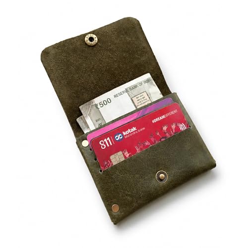 Image of Strutt Crushed Textured Genuine Leather Batua Wallet for Men & Women | Handcrafted Olive Green Leather Cash & Card Holder | Snap Button Closure | Compact Ethnic Money Pouch