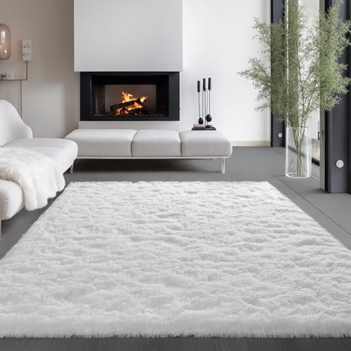Zentavio White Living Room Rugs 8x10 Large Area Rugs for Bedroom Soft Fluffy Furry Shag Aesthetic Carpet Plush High Pile Floor Rug for Nursery Kids Room Dorm Home Decor
