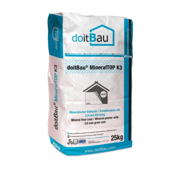 doitBau 12 yesos para discos MineralTOP de 25 kg, grano de 3 mm, color blanco, transpirable contra el moho, grano grueso para un fácil procesamiento y cobertura de irregularidades