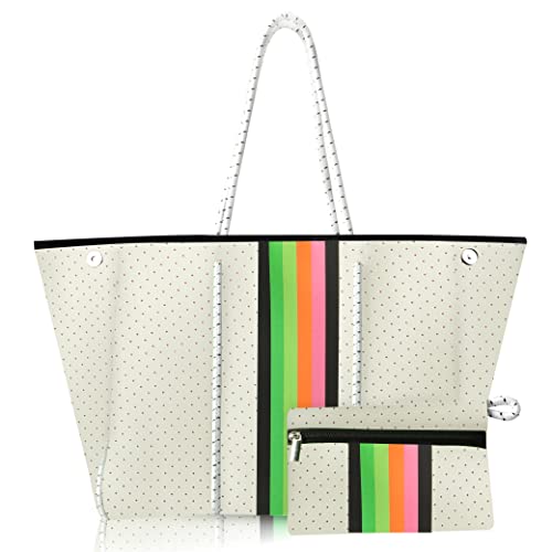 Beach Bag, Multipurpose Neoprene Tote Bag, Waterproof Shoulder Beach Tote, Large Tote Bag with Portable Wallet for Travel, Beach, Gym, Swimming （White）