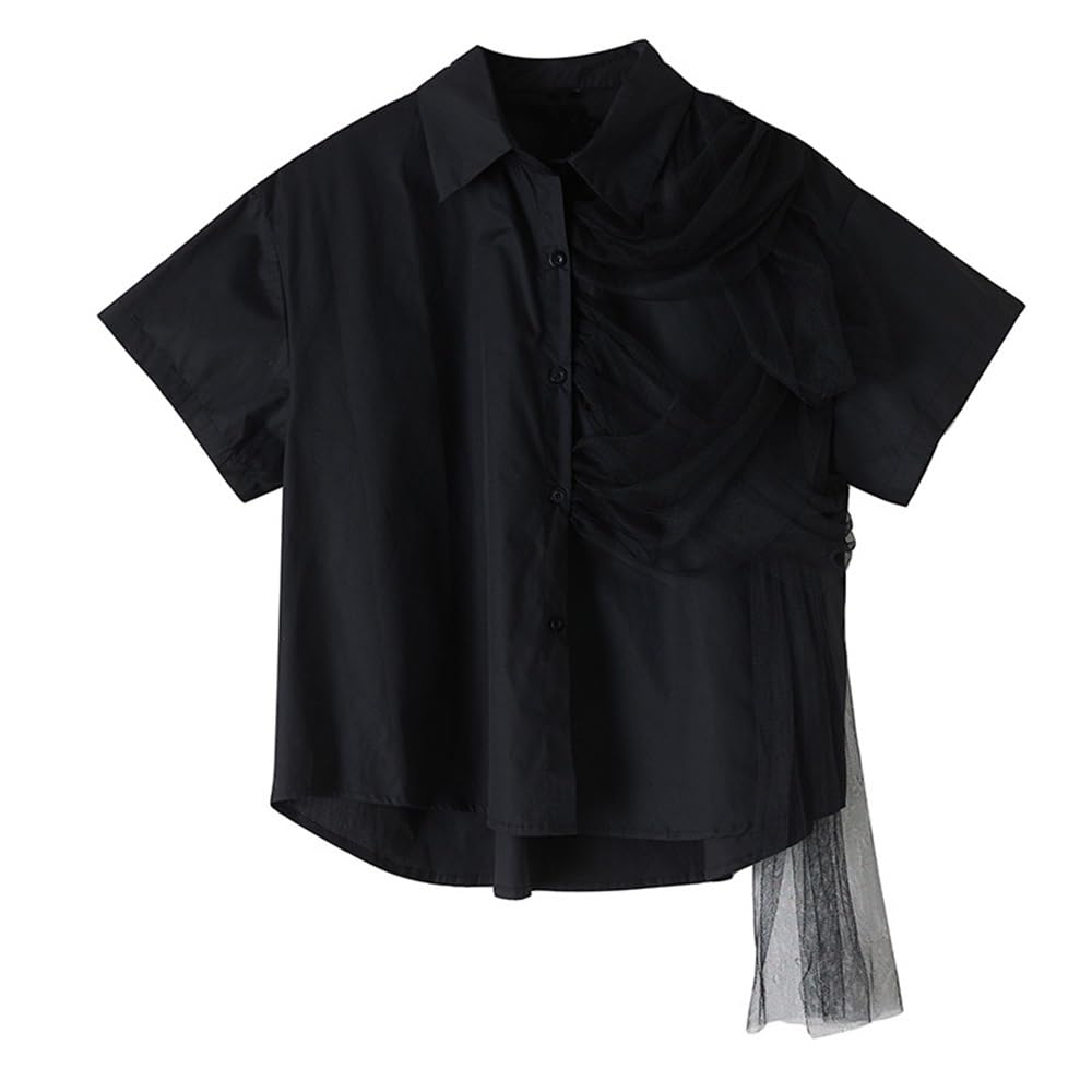 Camisa De Manga Corta Con Diseño De Tul A La Moda Para Mujer, Camisetas Informales Con Solapa Y Botones, Blusas Holgadas Y Cómodas De Verano