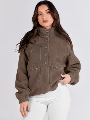 ANRABESS Womens Fuzzy Fleece Jacket Fall Casual Long Sleeve Cropped Sherpa Button Down Shacket Coats Outwear With Pockets4