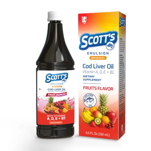 SCOTTS EMULSION Cod Liver Oil Liquid for Kids Fruits Flavor Supports Growth Immunity & Bone Health Rich in Omega 3 & Vitamins A+D Easy-to-Take Fish Oil 6.5 Fl Oz