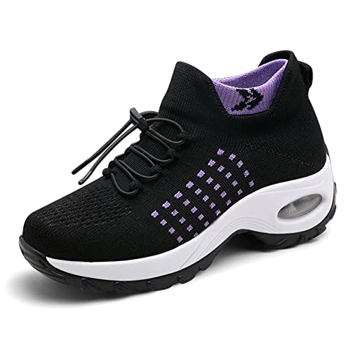 PADGENE Zapatillas de Running con Cojín, Mujer Zapatos de Correr de Viaje Casual, Zapatillas de Gimnasio de Gimnasio, Zapatos Deportivos de Moda Completo, Z Negro Morado Clásico, 40 EU