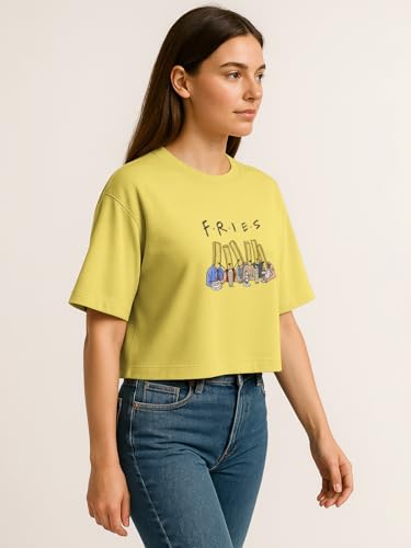 Image of HELLCAT Beige Printed Loose Fit Crew-Neck Crop T-Shirt for Women