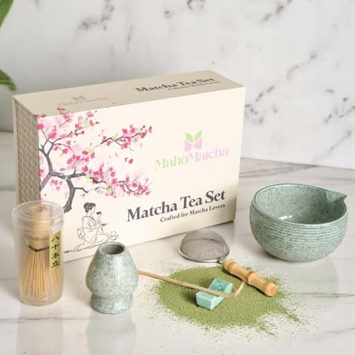 Mahō Matcha Whisk Set – 6-Piece Matcha Bowl & Bamboo Whisk Kit with Bowl, Scoop, Sifter, Ceramic Chasen Holder & Premium Gift Box | Cute Japanese Matcha Ceremony Tea Set for Making Breakfast & Latte