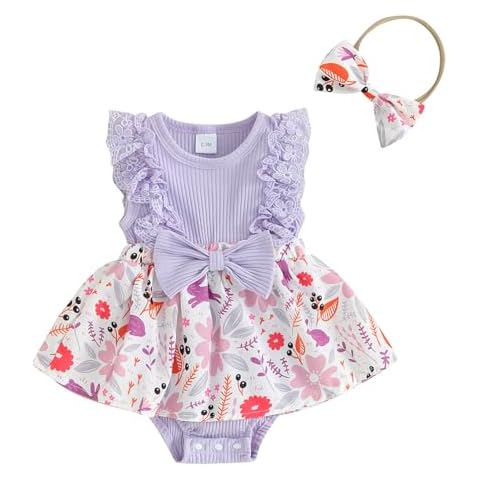Newborn Baby Girl Romper Dress Ruffle Sleeve Jumpsuit + Bow Headband Infant 2 Piece Flower Bodysuit Cover