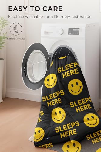 Image of 200 GSM 400 TC Kids Glace Cotton Reversible Cartoon Printed Double Bed King Size Comforter with Matching Bedsheet 90 * 100 with 2 Pillow Covers Set of 4 Pieces (Black Smile)