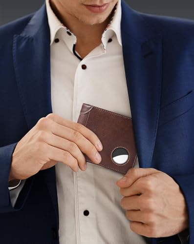 Image of Swallowmall AirTag Wallet Mens RFID Blocking Genuine Leather Bifold Men's Wallet For air tag with 2 ID Window 10 Card Holders Removable Card Slot Taxes Brown(Airtag Not included)