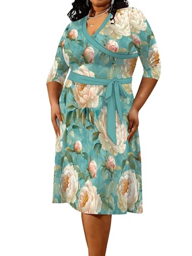 Image of PinkPatty Women's Plus Size Maxi Dress Print 3 /4 Sleeves V Neck Party Sundress Wedding Guest Dresses