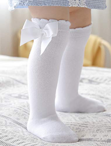 Maorrew 2 Pack Baby Girls Knee High Socks Bow Long Stockings Infants Toddlers Cotton Ruffled Uniform Leggings3