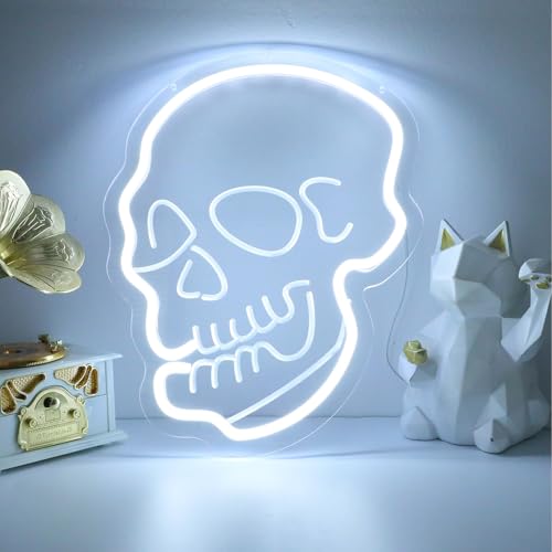 Image of ENUOLI Skull Neon Sign, White Ghost Dimmable LED Night Light, USB Powered, 10.24 inch x 13 inch Wall Decor for Bedroom, Halloween, Man Cave, Game Room