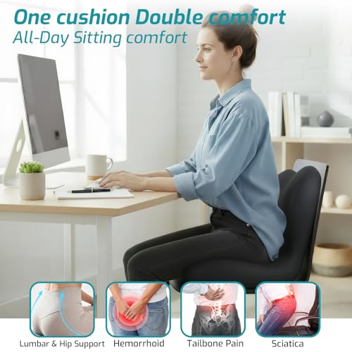 Image of Memory Foam Seat Cushion,Office Chair Cushion with Lumbar Support for Back Pressure Relief, Car Seat Cushion with Adjustable Strap,Sciatica Pad Cushions for Car,Truck, Desk (D-Black)