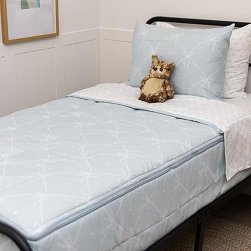 Image of Beddy's Ribbon & Bow Theme Durable Zipper Bedding for Kids - Bed in a Bag - White Striped Sheets with Baby Blue Comforter - Includes 2 Pillowcases & 2 Shams - Full