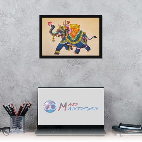 Image of Mad Masters Elephant Rajasthani Art Painting Aesthetic Hanging Photo Frame Decorative Item Home Decoration and Wall Decor for Living Room and Bedroom (MM 1446, 30.5L x 20.3W cm, Canvas, With Plexi Glass)