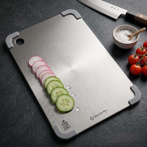 OrganizeMee Tabla de Cortar Grande de Acero Inoxidable, Rectangular 36 cm x 25 cm, Durable con Base Antideslizante de Silicona miniatura 6