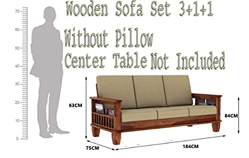 Image of Solid Sheesham Teak Wood Wooden 5 Seater Sofa Set Without Pillow- Cream Cushions | Teak Finish
