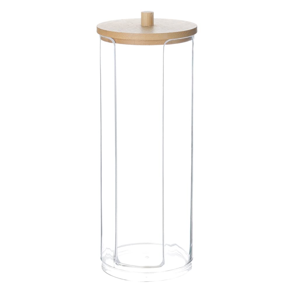 Cosmetic Organizer for Qtip Holder Dispenser Cotton Balls Cotton Swabs Clear Plastic Storage Box Makeup Organizer with Bamboo