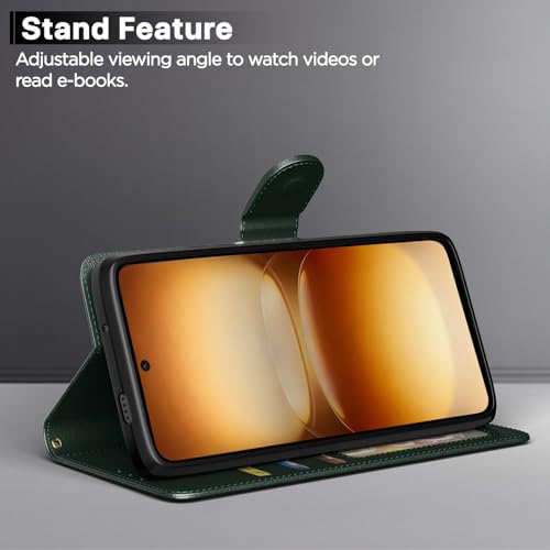 Image of Amazon Basics Flip Cover for iQOO 15R 5G Leather Finish | Wallet Stand and Shock Proof | Inside TPU with Card Pockets | Complete Protection Flip Case (Green)