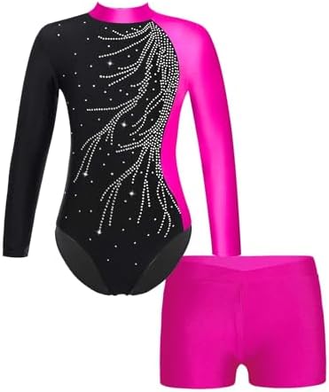 ANTLOOWW Turnpak Meisjes Lange Mouwen Kinder Turnpak Kleurverloop Gymnastiekpak Glitterend Ballet Danskleding Trainingspak voor 3-14 jaar (Paars, 150