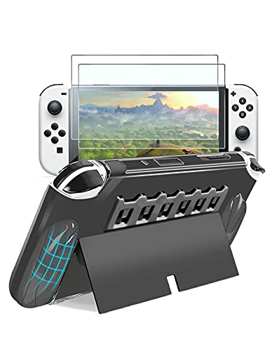 AKNES Custodie Compatibile con Switch OLED, Cover Protettiva per Custodia con 2 presa e 6 slot per schede di gioco[1 Pezzi], Contiene Pellicola Vetro Temperato per Switch OLED[2 Pezzi] - Nero