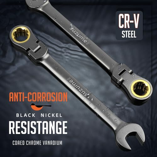 Image of SUZUME 7 /16 inch Flex Head Ratcheting Wrench SAE 72 Teeth Cr-V Steel with 180 Flexible Head 15K+ Cycle Locked Gears Black Nickel Coating