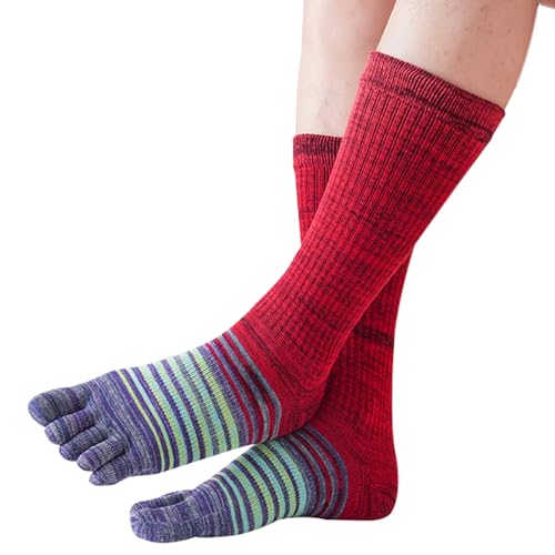 Cotton Toe Socks Five Finger Socks Long Thickened Calf High Athletic Running Rainbow Striped Seperated Socks for Men Boys - Red Purple