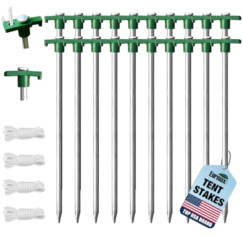 Eurmax USA Galvanized Non-Rust Camping Family Tent Pop Up Tent Stakes Ice Tools Heavy Duty 20pc-Pack, with 4x10ft Ropes & 1 Green Stopper