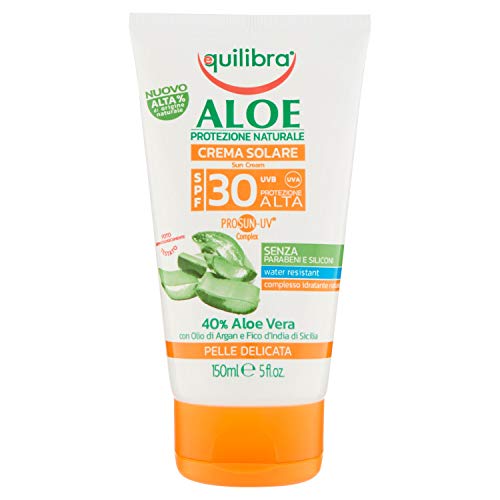 Equilibra Solari, Aloe Sonnencreme Spf 30, Creme mit Aloe Vera, Mandelmilch, Karottenöl und Vitamin E, schützt vor Verbrennungen, für gesunde Bräunung, Wasser Resistant, 150 ml Cover