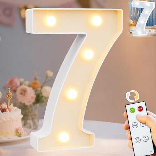 Image of Pooqla LED Light Up Numbers, Marquee Number with Remote for 7th Birthday Decoration, Lighted Numbers Gift for Boys Girls Party Backdrop Wedding Anniversary Decor, Warm White and Cool White Number 7