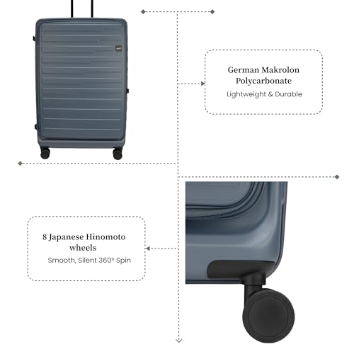 Image of F Gear Sedona Small Cabin Pro 54cm German Polycarbonate Hard Luggage|8 Japanese Hinomoto Silent Wheels| USB & Type-C Charging, Phone Stand & Cup Holder | Front Opening Suitcase for travel (Stone Blue)