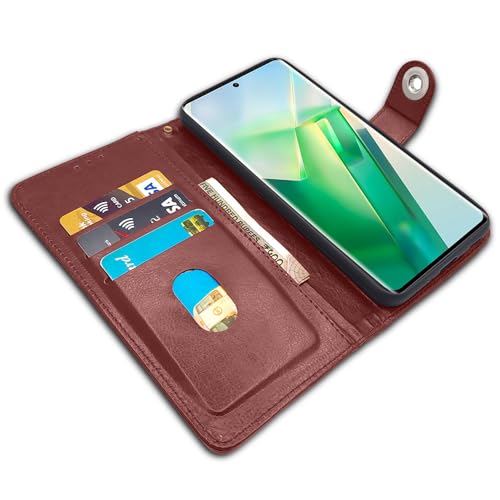 Image of Pikkme Vivo T2 pro 5G Flip Cover Leather Finish | Inside TPU with Card Pockets | Wallet Stand and Shock Proof | Complete Protection Button Flip Case (Brown)