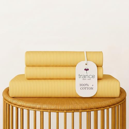 Image of Trance Home Linen 100% Cotton 200 TC Satin Stripe Queen Double Bedsheet with 2 Pillow Cover | Fade-Resistant, Soft & Hypoallergenic |Flat Bedspread Queen Size (86 x 104 inch, Golden Yellow)