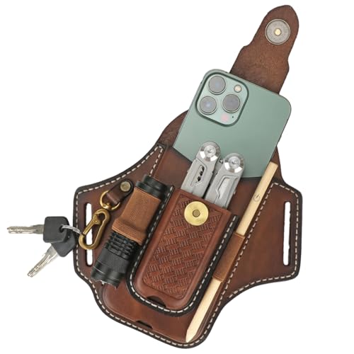 Image of Leather Cell Phone Holster Pouch Belt Case Multitool Camp EDC Sheath-Brown | All-in-One EDC Organizer, Bottom Charging Port, Magnetic Closure, Fits phones up to 6.7 inches,Great for Work or Everyday Use