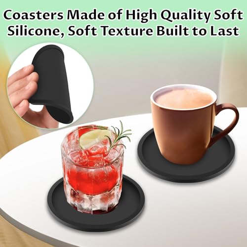 elzle 8er Untersetzer Gläser, runden Silikon-Getränkeuntersetzern, rutschfeste Tassenmatten für Kaffee, Bier, Weingläser, Flaschen Perfekt für Zuhause und Bar,Schwarz