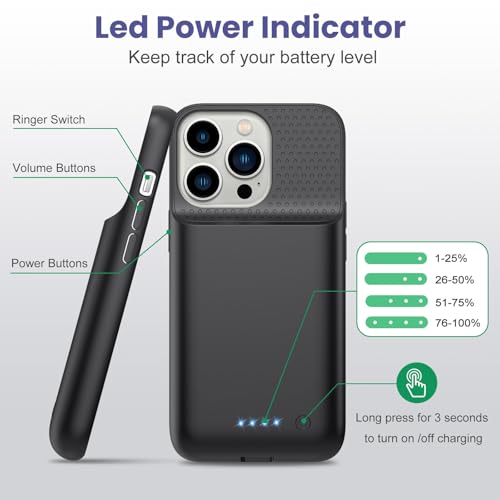 Akku Hülle für iPhone 14/13 Pro/13, HETP [7500 mAh] Wiederaufladbar Batterie Ladehülle Akku mit Schutzfolie,Tragbares Batterieladegerät Hülle Leistungsstarke Power Bank für iPhone 14/13 Pro/13-Schwarz