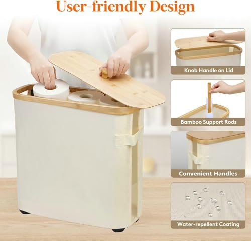 Toilet Paper Storage Basket, Toilet Paper Organizer with Bamboo Lid Handle for Bathroom, Free Standing Toilet Paper Holder Tissue Bin with Visualisation Window (Beige)