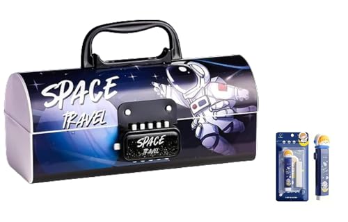Image of Invite New Cartoon Theme Pencil Box with Push Pull Eraser Set for Kids | Suitcase Style Password Lock Stationery Organizer | School Supplies Gift Combo for Boys & Girls (Dark Space + Eraser)