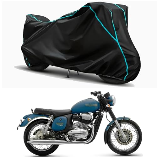Image of Waterproof Bike Body Cover Compatible for | Jawa Forty Two Starlight | Taffeta Fabric, Sky Piping Design, Bottom Elastic Fit | Dustproof, Sun UV & Rain Protection for All Weather.
