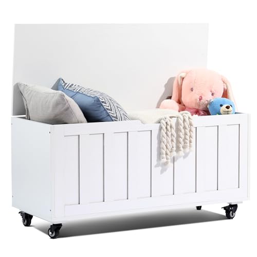 Image of Evajoy Storage Chest, 39.4'' Wooden Storage Bench with 4 Wheels, Shoe Bench with 2 Safety Hinges, Retro Flip-Top Wooden Toy Box Organizer for Bedroom, Living Room, Easy Assembly （update