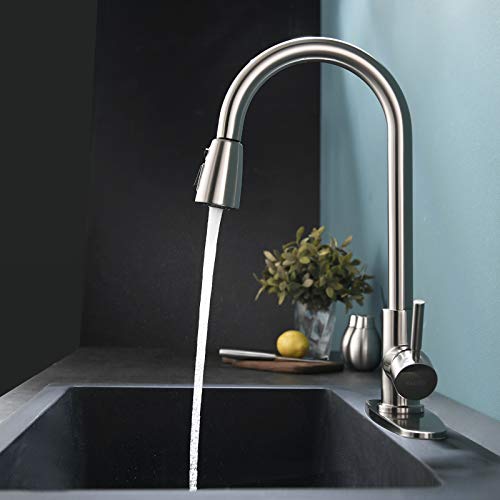 VALISY Lead-free Modern Commercial Single Hole Pull Down Brushed Nickel Kitchen Sink Faucet,1 handle High-Arc Tall Faucets for Kitchen Bar RV Laundry Utility Sinks with Pull Out Sprayer VAQY263LD