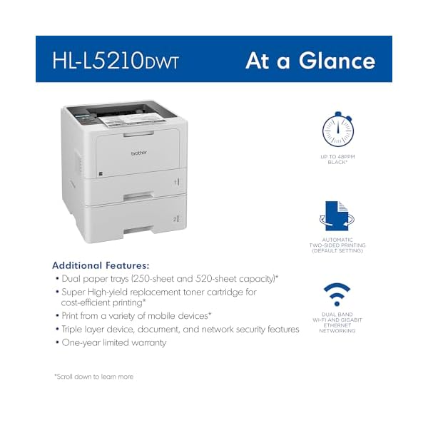 Brother HL-L5210DWT Business Monochrome Laser Printer with Dual Trays, Wireless and Gigabit Ethernet Networking, Duplex Printing, Large Paper Capacity, and Mobile Printing, White - Image 4