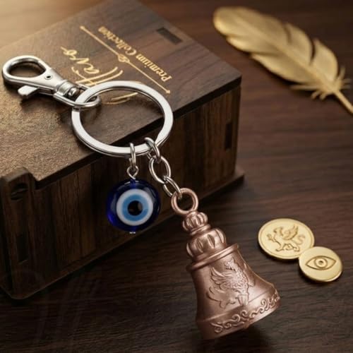 Image of OTTAVO Premium Guardian Bell Keychain for Bike & Car | Tibetan Texture Bell Keychain with Evil Eye & Silver Hook | Good Luck Charm with Laser-Engraved Wooden Gift Box