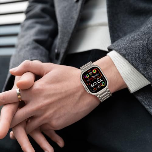 Image of Anlinser Metal Bands Compatible with Apple Watch Band 49mm 46mm 45mm 44mm 42mm for Women Men, Stainless Steel Business Strap for iWatch Ultra 3 /2 /1 SE Series 11 10 9 8 7 6-1 (Titanium)