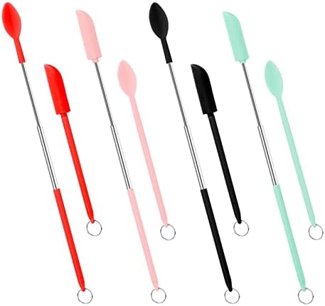 Mini Spatula and Spoon Sets, 8pcs Mini Silicone Telescopic Spatula and Scooping Spoon Scalable Silicone Small Jar Scraper Spatula with Hanging Buckle for Kitchen Narrow Bottle Makeup (4 Colors)